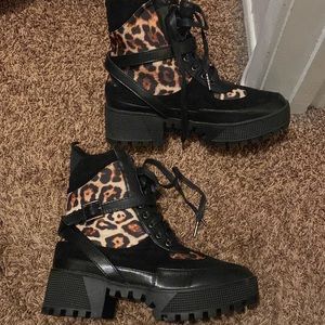 Leopard and black combat boots size 7